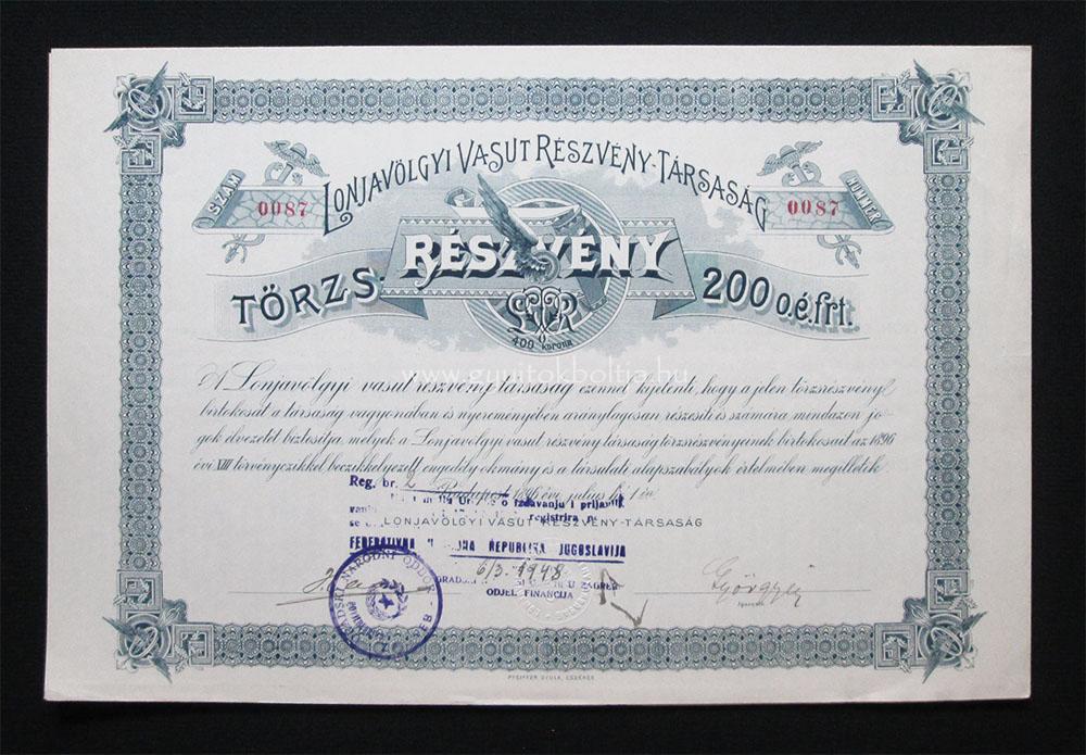 Lonjavölgyi Vasút törzsrészvény 200 forint 1896 (CRO)